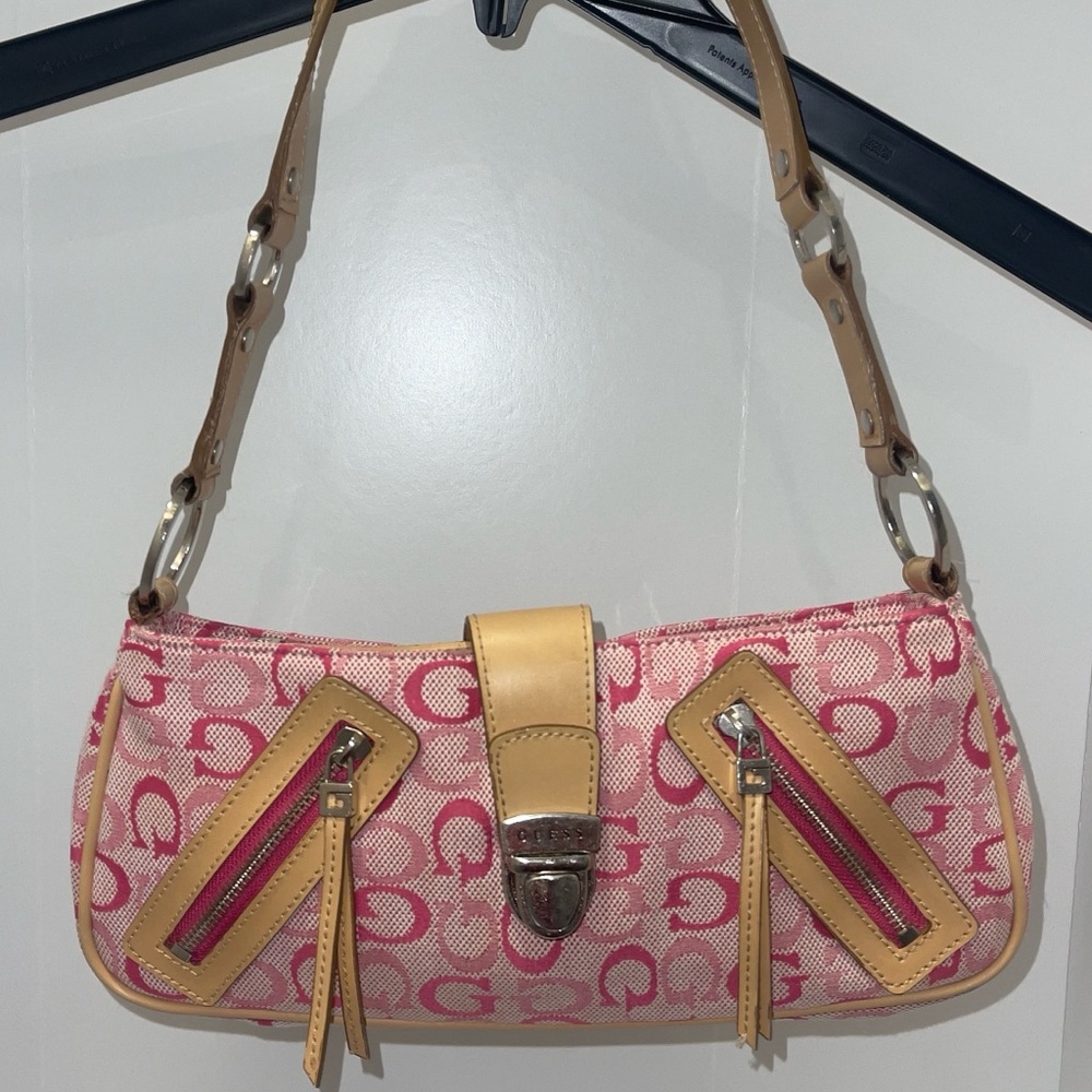 Guess Pink and Tan Shoulder Bag with Leather Trim